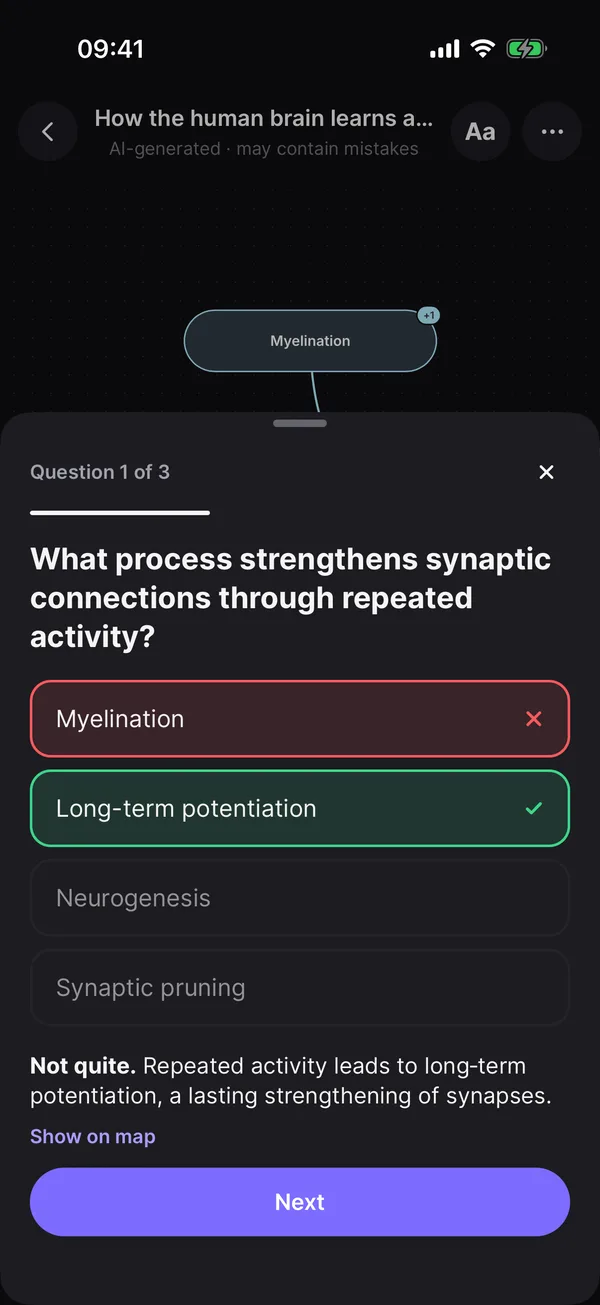 A quiz question about the map, with the right answer marked